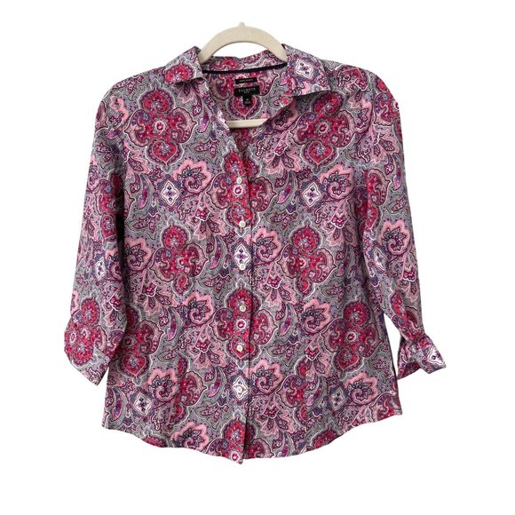 Talbots Wrinkle Resistant Womens 4P Paisley Floral 3/4 Sleeve Button Front Pink - Picture 1 of 9